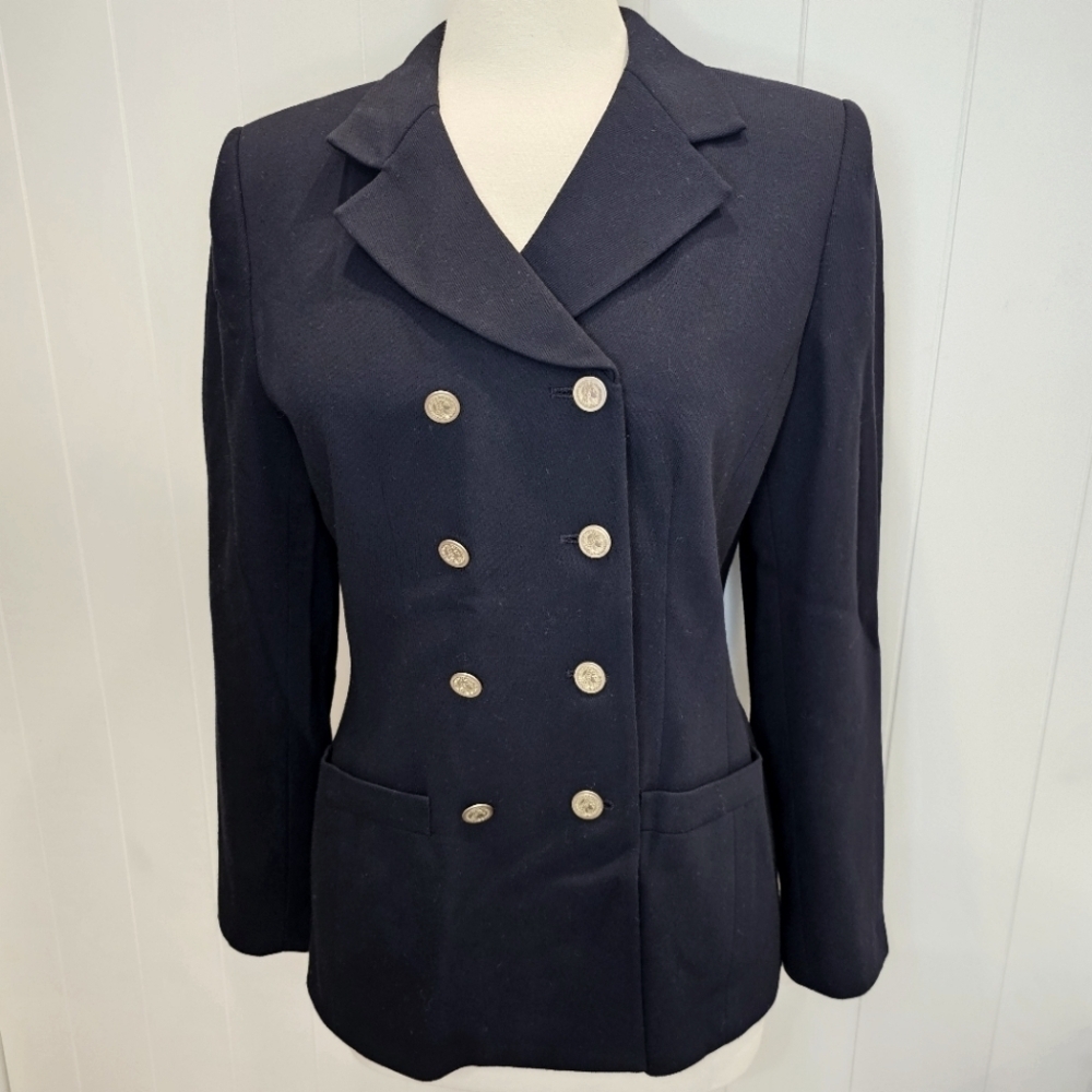 Kasper For ASL Women's Size 8 Double-Breasted Navy Blazer Vintage Gold Buttons